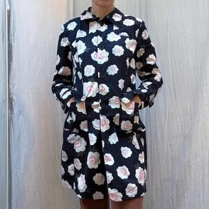 W Work to Weekend Navy Blue White and Pink Flowers Long Jacket Car Coat Small